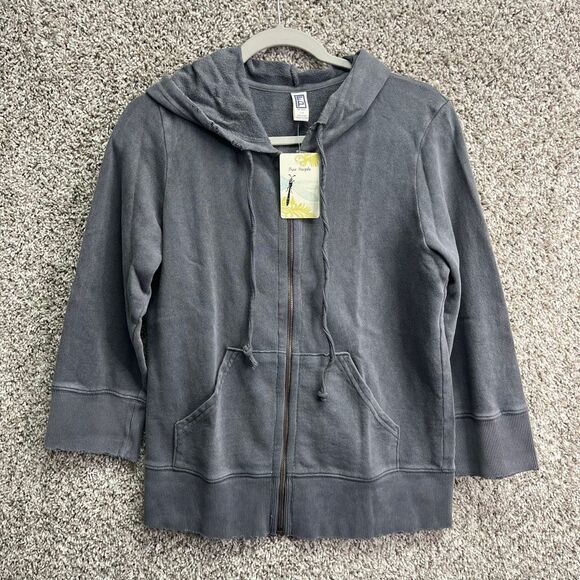 Free People Jacket Women’s Large Gray Distressed Zip Up Hooded Shirt NWT - Picture 1 of 6